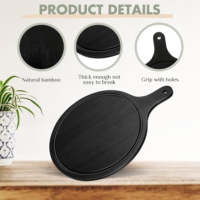 Geetery 3 Packs 12 Inch Black Wood Chopping Boards with Handle and Deep Juice Groove Small Bamboo Wooden Pizza Paddle Serving Boards Tray Charcuterie Plank Chopping for Cheese Steak Bread