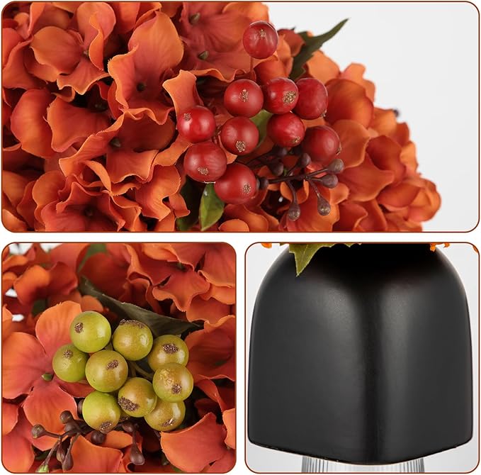 Briful Autumn Hydrangea Artificial Flowers in Black Square Ceramic Pot, Burnt Orange Silk Hydrangea Flowers Realistic Potted Fake Flowers with Berries for Home Decor Indoor Wedding Table Centerpieces