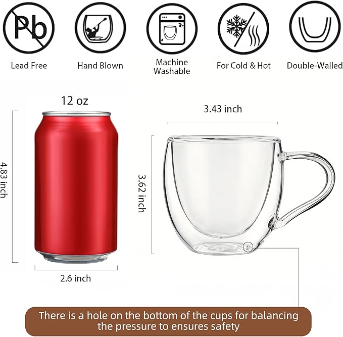 CNGLASS Double Wall Glass Coffee Mugs with Handle,10oz Clear Insulated Glass Espresso Cups for Hot and Cold Beverages,Latte,Cappuccino,Set of 2