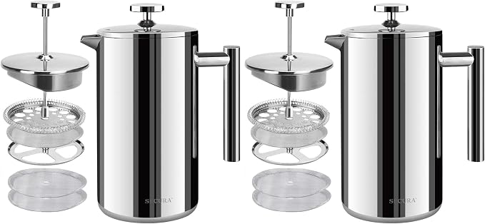Secura French Press Coffee Maker, 304 Grade Stainless Steel Insulated Coffee Press with 2 Extra Screens, 50oz (1.5 Litre), Silver (Pack of 2)