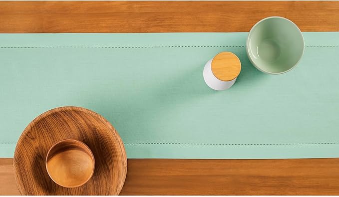 Solino Home Table Runner 108 Inches Long - Cotton Linen Hemstitch Aqua Table Runner 14 x 108 Inch for Spring, Summer