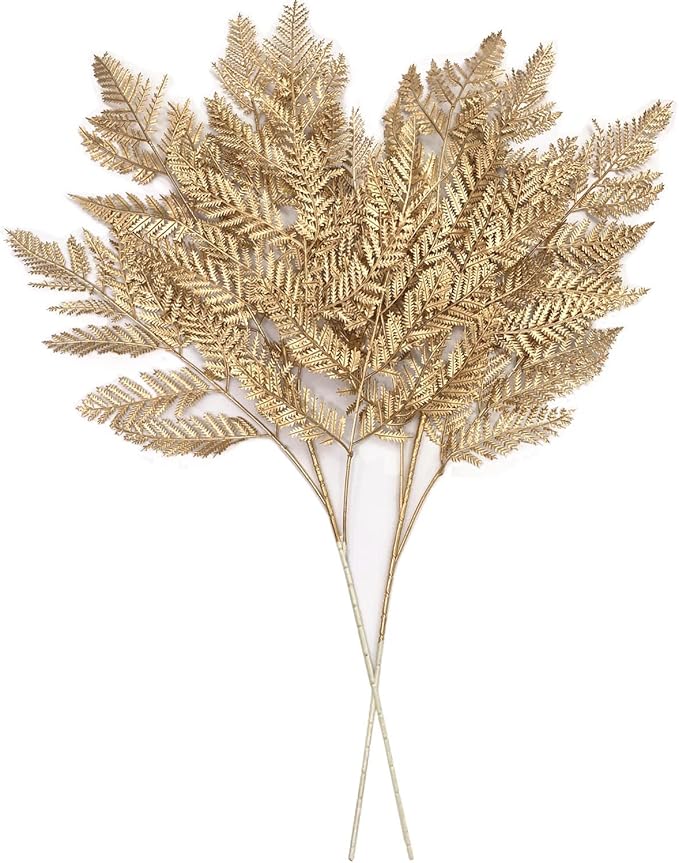 CATTREE Gold Ferns Artificial Plants Large Tall 30" 2 Pack Christmas Decorations, Fake Golden Boston Leaves Plastic Fern Palm Bushes Faux Shrubs Simulated Leaf for Party Wedding DIY Décor