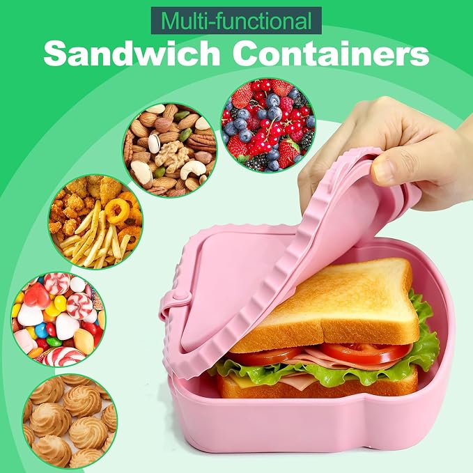 2 Pack Silicone Sandwich Container, Reusable Sandwich Bento Box with Lid for Lunch Fruit Snacks Bread, Colored Toast Shaped Container, Silicone Snack Containers for Office Picnic Travel Meal Prep
