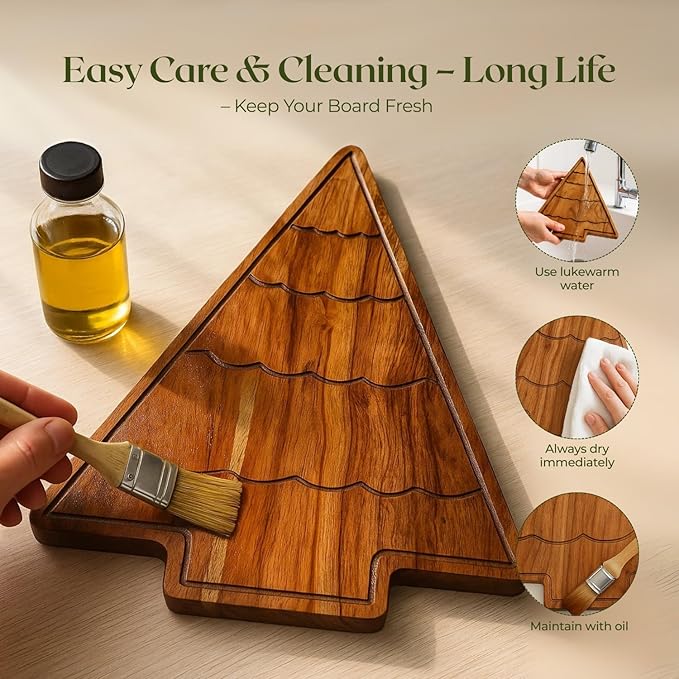 Aurah Acacia Wood Christmas Tree Cutting Board 13.5x11 Inch - Chopping Board with Handle, Xmas Cheese Appetizer Tray, Wooden Decorative Serving Platter for Kitchen & Holiday Party