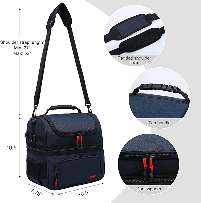 MIER Dual Compartment Lunch Bag Tote with Shoulder Strap for Men and Women Insulated Leakproof Cooler Bag, Dark Blue