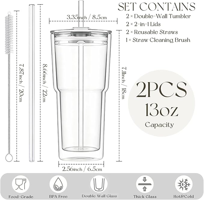 KEMORELA 2PCS 20oz Double Wall Glass Tumblers with Lids and Straws – Insulated Borosilicate Glass Matcha Cups for Iced Matcha Latte, Smoothies, Reusable Travel Glass Cups – Leak Proof 2-in-1 Lid