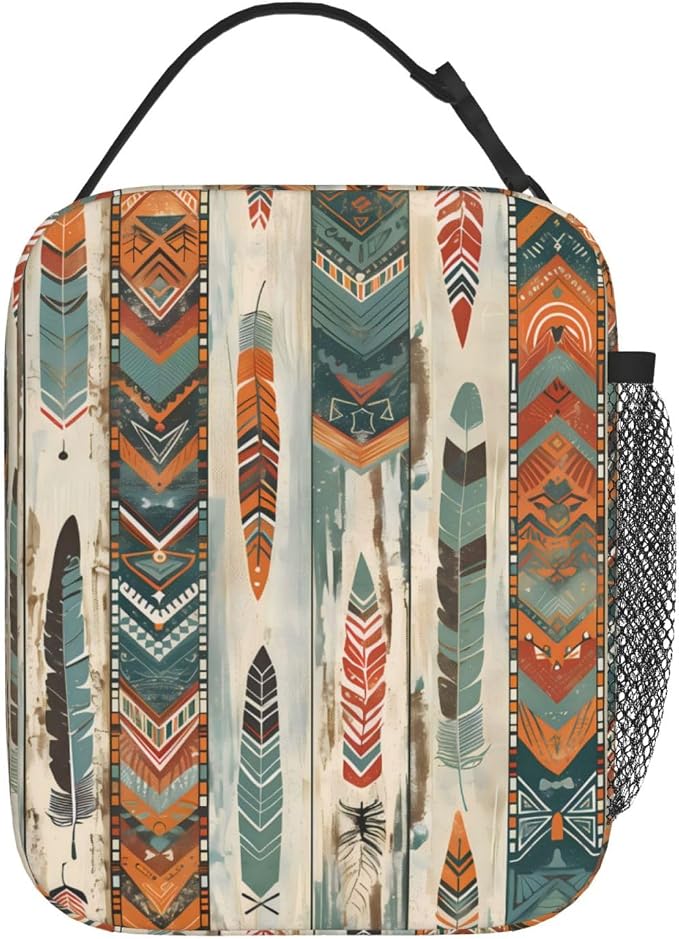 Reusable Western Aztec Lunch Box for Kids Girls Women Adult, Insulated Native American Boho Feather Lunch Bag,Polyester Cooler Handbags Case for School Picnic Work Travel Beach or Hiking