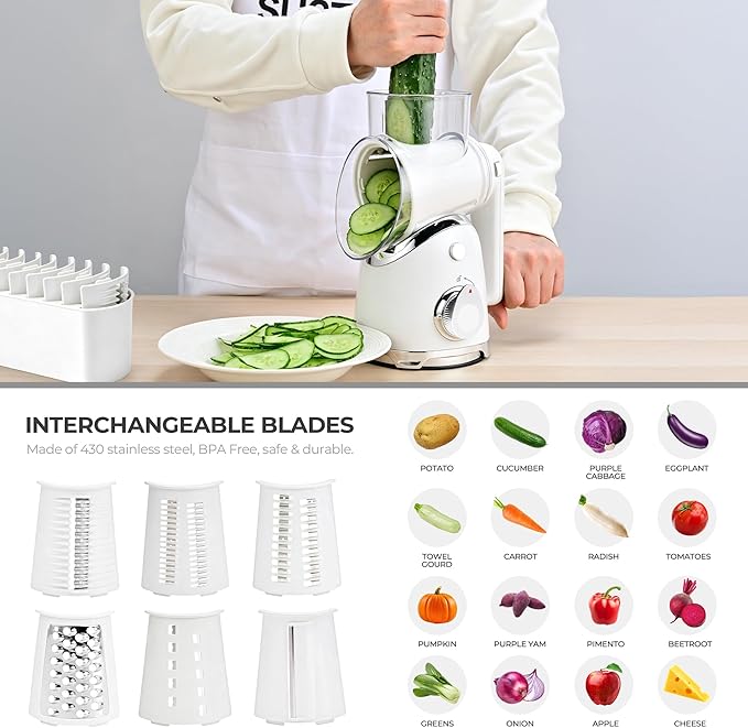 SUSTEAS Rotary Cheese Grater with Handle,Vegetable Slicer with 6 Interchangeable Blades, Reinforced Suction,Easy to Clean,Kitchen Shredder for Crushed Ice,Fruits and Nuts with Blade Storage Case,White