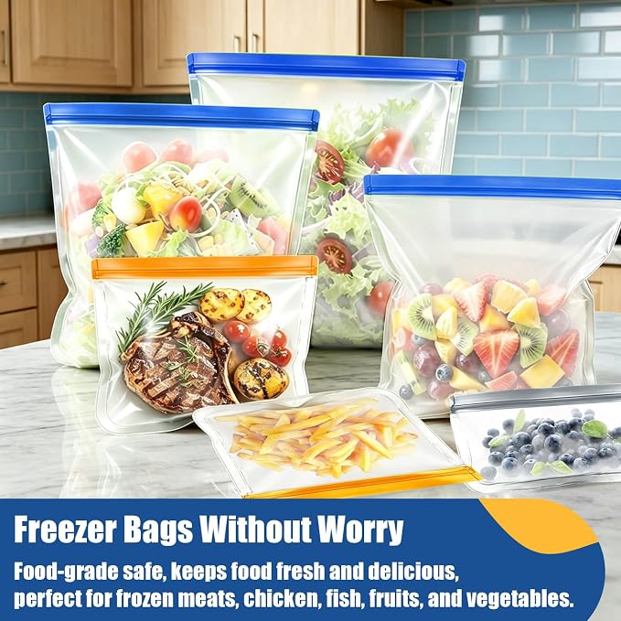 Reusable Silicone Freezer Bags, 12 Pack Leakproof Food Storage Bags Dishwasher Safe, Silicone Snack Bags Food Storage Containers for Meal Prep Containers, Salad Fruit, Vegetables, Home Organization