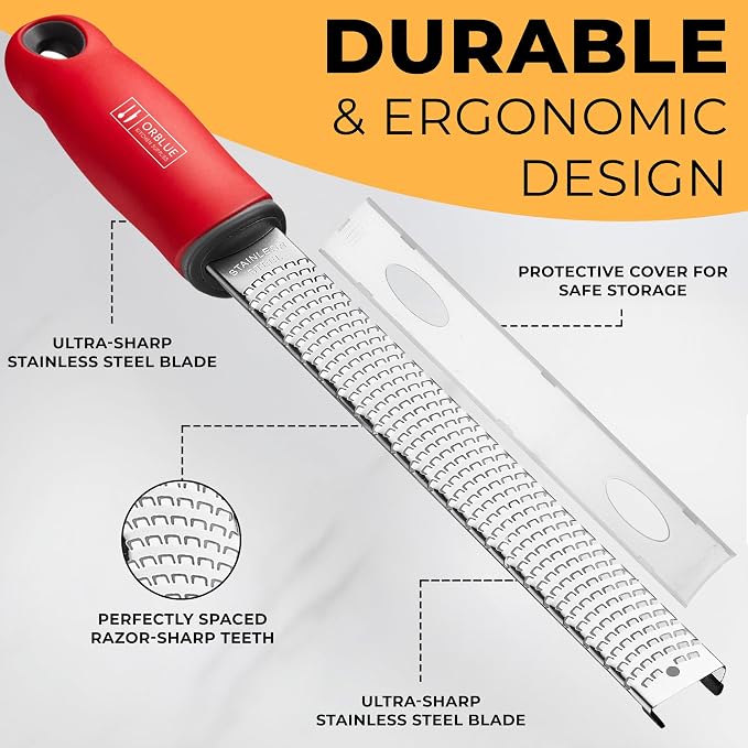 Orblue Lemon Zester & Cheese Grater - Premium Citrus Zester, Kitchen Grater for Parmesan, Chocolate, Fruits, Vegetables, Ginger, Garlic, Nutmeg - Stainless Steel Blades with Protective Cover, Red