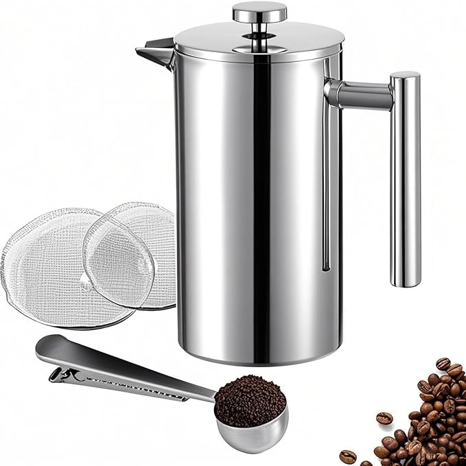 Small French Press 350ml Coffee Maker, Double-Wall Insulated French Press Coffee Press Stainless Steel, Included 2 Extra Fliters and 1 Coffee Spoon (1 cup, 12 OZ)