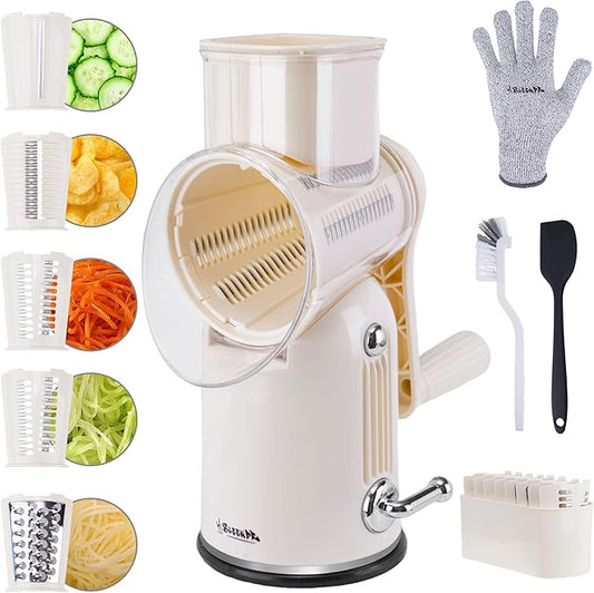 Rotary Cheese Grater with Handle – Includes 5 Stainless Blades and Feature Strong Suction Base – Easy to Clean, Cheese Shredder Hand Crank, Multi-Purpose Slicer (White)