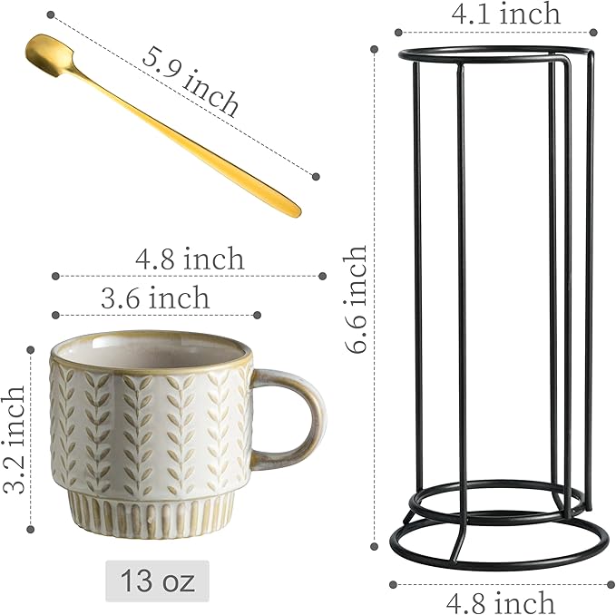 Miamolo Coffee Mugs Set of 4 with Spoons & Stand, Stackable Espresso Cups 13oz Coffee Mug for Drinks Latte Cappuccino Tea, Coffee Cup for Women Men Couples Housewarming Birthday Gift, Dishwasher Safe