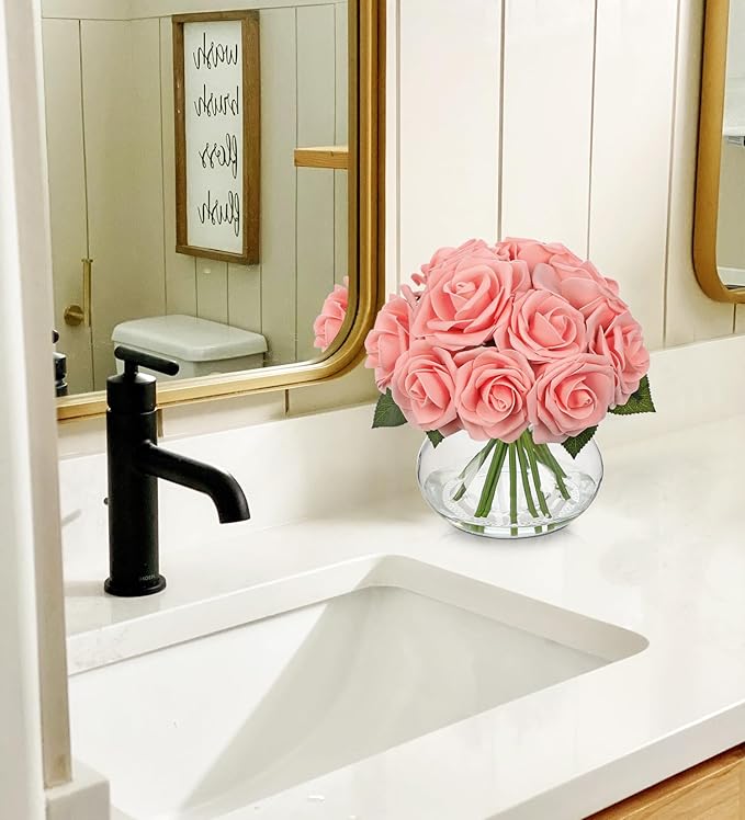 Hollyone Pink Roses Artificial Flowers in Vase Silk Fake Rose Bouquet Flowers Floral Arrangements with Glass Vase with Faux Water for Home Bathroom Office Table Centerpiece Shelf Decorations