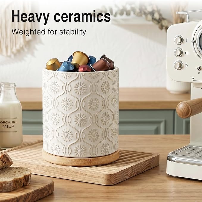 Utensil Holder, 360° Rotating Large Ceramic Kitchen Utensil Holder for Countertop, 5.8" Cooking Utensil Crocks for Kitchen Counter with Bamboo Base,Modern Farmhouse Decor (White)