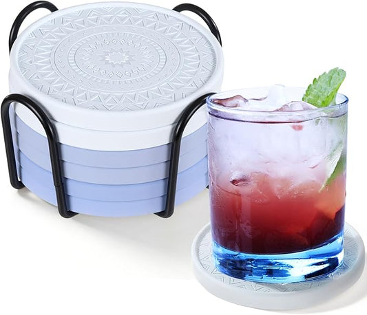 Photect Diatomaceous Earth Coasters Set with Holder Absorbent Stone Drink Coasters Instant Drying Tray for Tabletop Protection Home Decoration Housewarming Gift(Cyan,6 Pcs)
