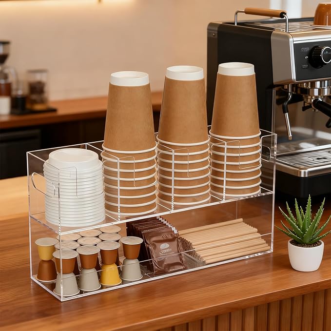 MYITYARD Cup Storage Organizer, Coffee Station Caddy, Clear Acrylic Cup and Lid Holder, Coffee Condiment Bar Accessories for Pods, Sugar, Creamer, Syrup, 5 Compartments