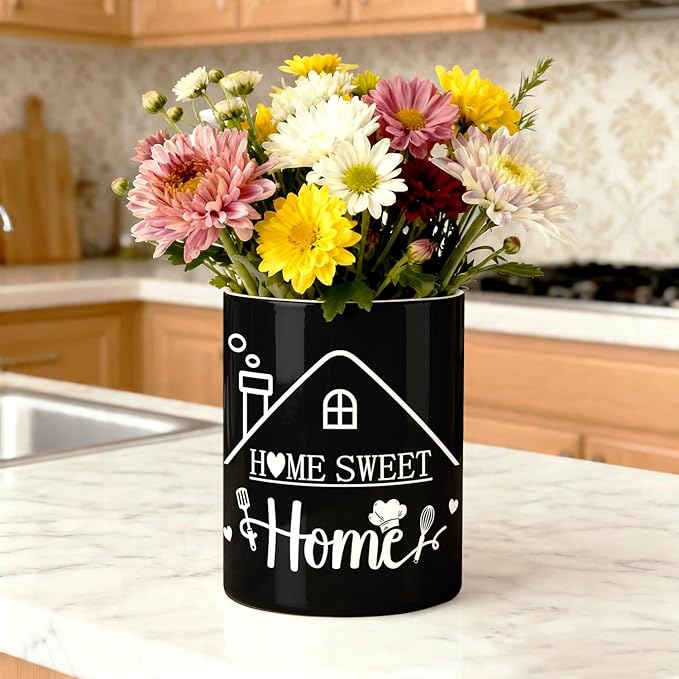 Black Kitchen Utensil Holder, Home Sweet Home Ceramic Utensil Holder , Cooking Utensil Crocks for Kitchen Countertop, Kitchen Decorations Rustic Farmhouse Decor
