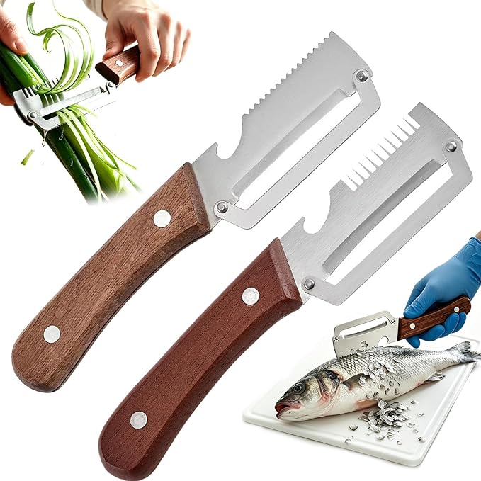 3 in 1 Premium Heavy Duty Stainless Steel Peeler - 2026 New 0 Snag Wooden Peeler for Kitchen - Multifunctional Vegetable Peeler with Bottle Opener & Serrated Blade - Fruit & Potato Peeling Tool (A+B)