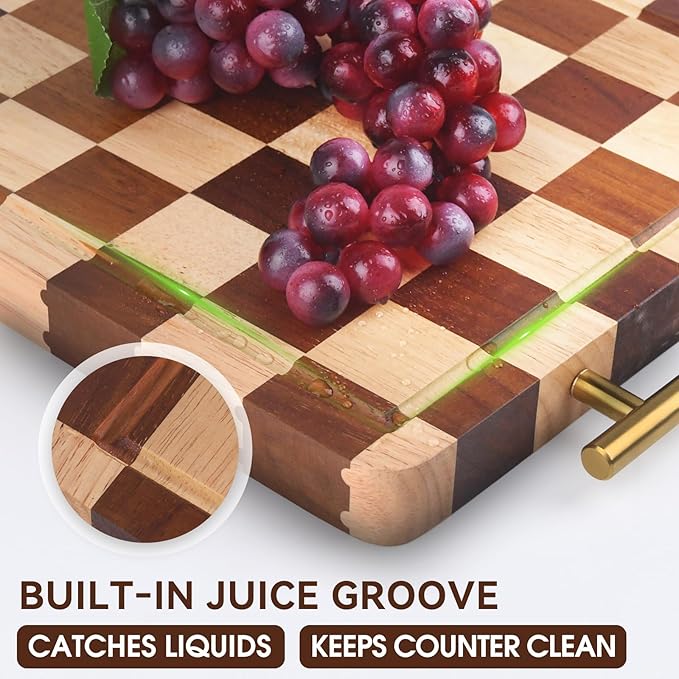 Checkered Cutting Board for Kitchen – 13.7"x9.8"x1.18" Rubber Wood Butcher Block with Juice Groove & Steel Handle, Heavy Duty Non-Slip Chopping Board for Charcuterie, Housewarming Gift