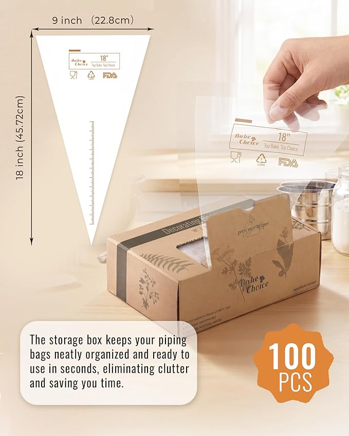 Bake Choice 18 Inch Piping Bags, 100PCS Thickened Disposable Pastry Bags, Large Capacity, Anti Burst Icing Bags for Cream Frosting, Non-slip Frosting Bags, Cake & Cookie Decorating Supplies