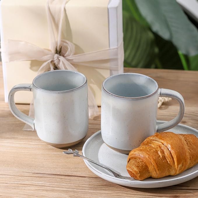 Ceramic Coffee Mugs Set of 4, 14oz Coffee Cups with Large Handle, Stoneware Two-Tone Tea Mugs for Latte, Cappuccino, Bluish White Speckled, Terracotta Base,Housewarming Gift,Dishwasher&Microwave Safe