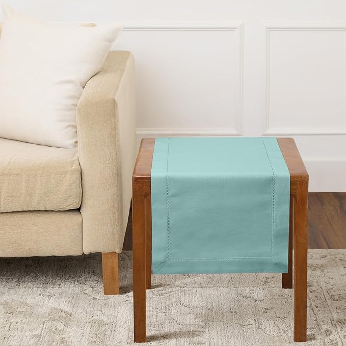 Solino Home Cotton Linen Table Runner 36 Inches - Pastel Turquoise Hemstitch Table Runner 14 x 36 Inch Ideal for Dresser and Coffee Tables, Spring, Summer