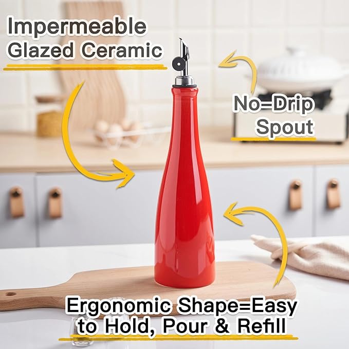 YOLIFE Olive Oil Dispenser Bottle, 20oz Ceramic Oil Dispenser for Kitchen, Oil Bottle with Gravity Spout, Leak Proof EVOO Dispensing Bottle with 2 Spouts and 1 Funnel for Vinegar, Juice(Red)