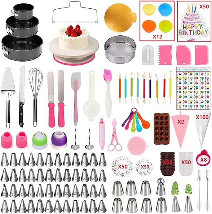 Cake Decorating Kit with Rotating Turntable, Non-Stick Cake Pans, Piping Tips, Spatulas, Scrapers & Silicone Cupcake Liners - Complete Baking Supplies for Beginners & Home Bakers 475PCS