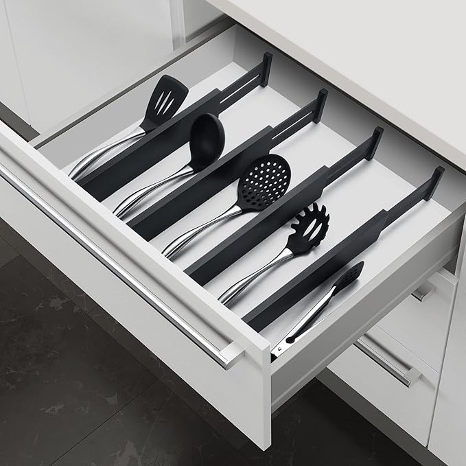 4 Pack Bamboo Drawer Dividers 2.6" High, Adjustable Length from 12 Inch to 17 Inch, Expandable Kitchen Drawer Organizer Separators for Clothes, Kitchen, Bedroom, Dresser, Office (Black)