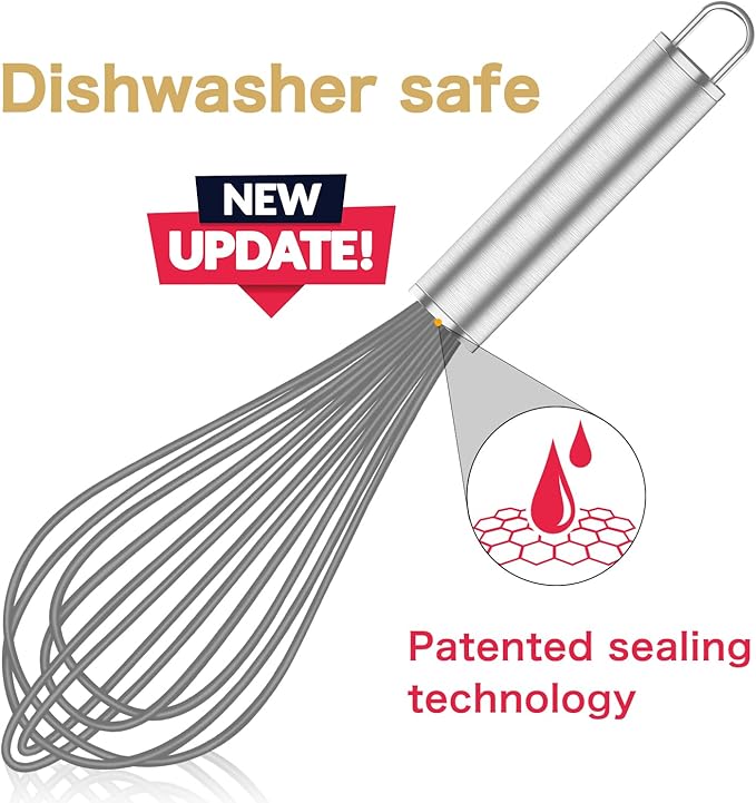 OYV Grey Silicone Whisk, Professional Whisks For Cooking Non-Scratch, Stainless Steel & Silicone Wisk, Plastic Rubber Whisk Tool For Nonstick Cookware Pans, Silicon Wisks Set of 3