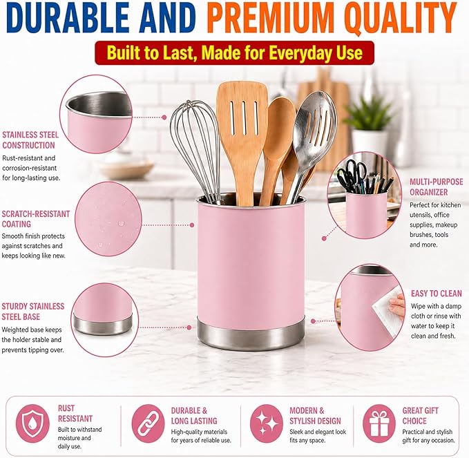 Creative Home Stainless Steel Utensil Holder– 7" Extra Large Cooking Tool Organizer for Kitchen Decor and Countertop Storage, Stable Anti-Tip Design, Durable Powder-Coated Finish, Pink