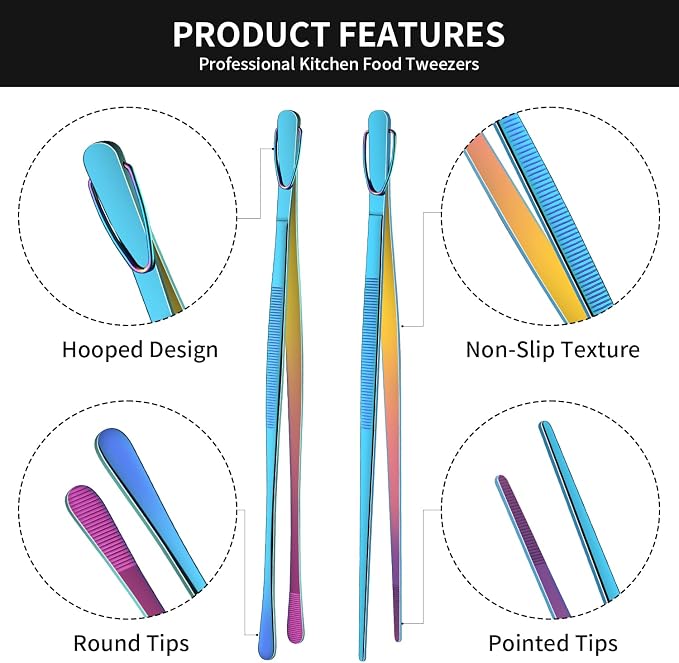 12 Inch Metal Chef Tweezers For Cooking, Rainbow Stainless Steel Cooking Tongs Set Of 2, Colorful Pickle Grabber, Long Pasta Tongs