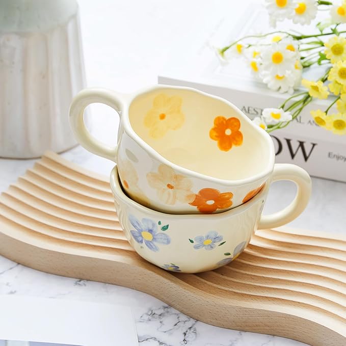 Vesici 2 Pcs Ceramic Coffee Mugs with Spoon, Vintage Floral Spring Mugs with Handle, 8.5 oz Aesthetic Flower Porcelain Tea Cup Set, Dishwasher & Microwave Safe Mothers Day Gifts for Mom(Vivid)