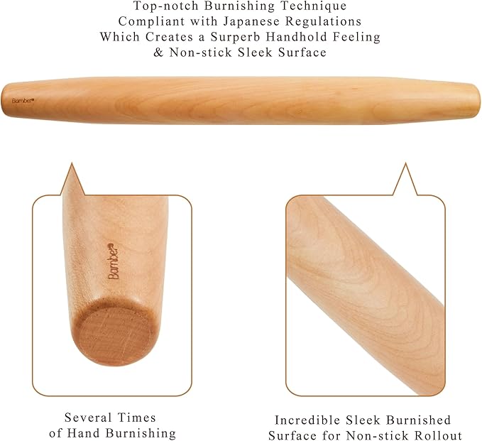 Bamber Wood French Rolling Pin for Baking Small Wooden Rolling Dowel Stick Dough Roller for Cookie Dumpling Pastry Pizza Tortilla, 13.4'' by 1.2''