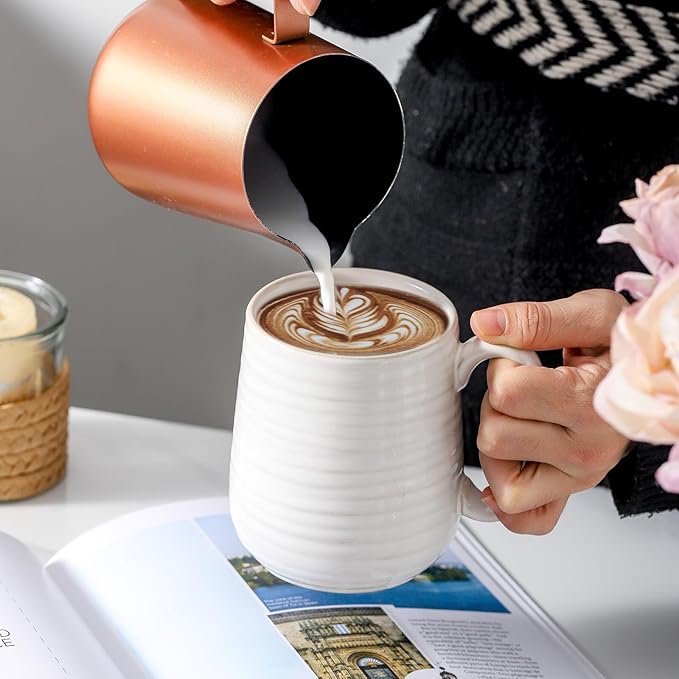 HASENSE Coffee Mugs Set of 6, Ceramic Coffee Cups with Handle for Home Office, 12 Ounce Tea Cup for Coffee, Latte, Hot Cocoa, Dishwasher and Microwave Safe, Clay-Infused White