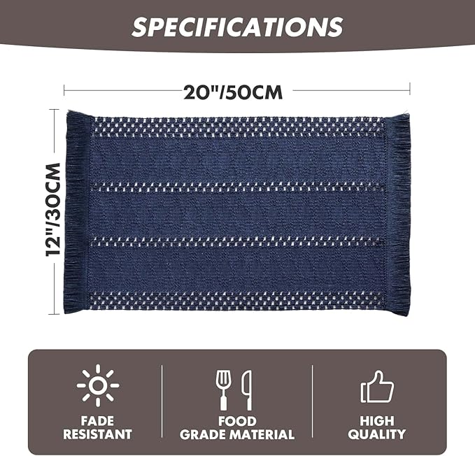 ZeeMart Macrame Style Boho Placemats Set of 4, Navy Blue 12x20 Inch | Decorative Farmhouse Table Mats, Natural Cotton Woven Place Mats, Bohemian Home Decor for Kitchen Dining Table
