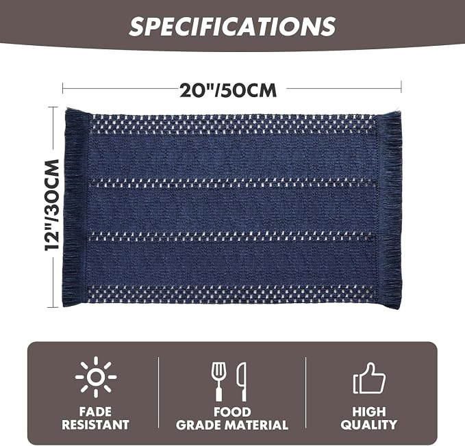 ZeeMart Macrame Style Boho Placemats Set of 6, Navy Blue 12x20 Inch | Decorative Farmhouse Table Mats, Natural Cotton Woven Place Mats, Bohemian Home Decor for Kitchen Dining Table