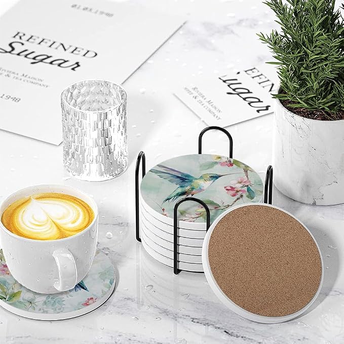 Drink Absorbent Coasters with Holder Set of 6, Ceramic Stone with Cork Base, Watercolor Hummingbird and Flowers Coaster for Drinks, Gift for Housewarming Room Bar Home Decor Kitchen