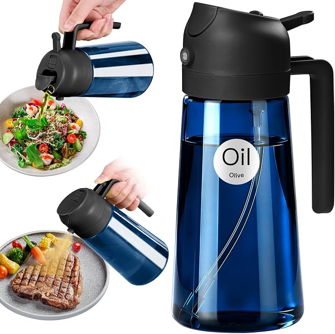 YARRAMATE 16oz/470ml Light-Blocking Dark Oil Sprayer for Cooking, 2 in 1 Olive Oil Dispenser Bottle for Kitchen, Premium Blue Glass Oil Bottle, Food-Grade Oil Mister for Air Fryer, BBQ (Black)