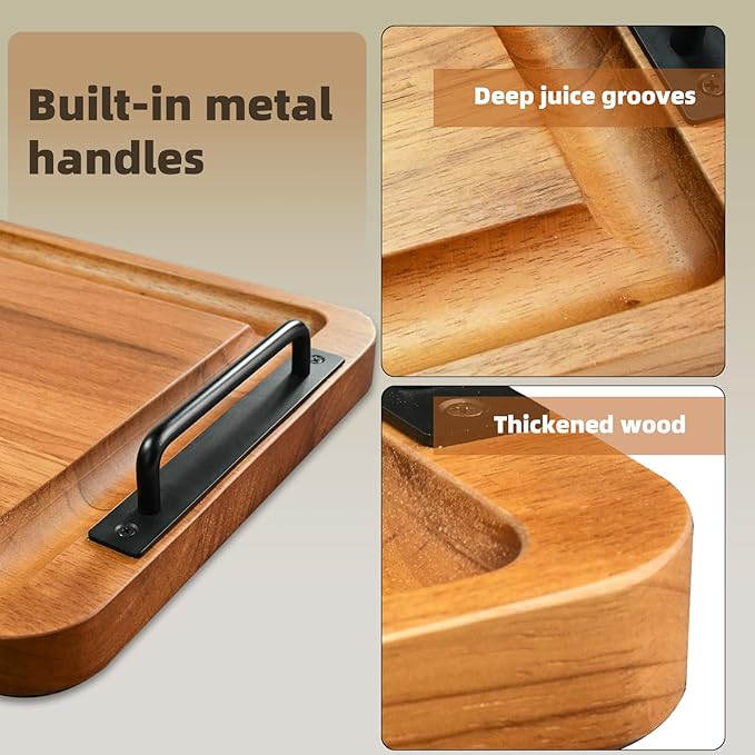 Large Wooden Charcuterie Boards with Handles, Extra Long Wood Serving Tray Platters,Rectangular BBQ Meat Cutting Cheese Board for Party Appetizers,Home & Outdoor 23.6x11.8x1.1”