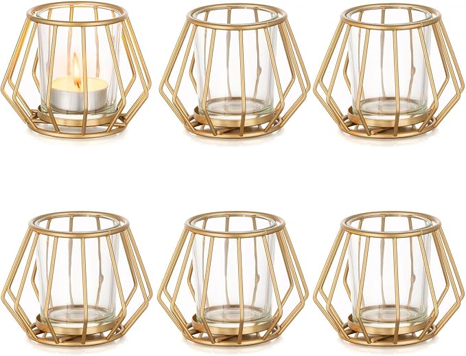 Geometric Tea Light Candle Holders - Wedding Centerpiece for Tables Morden Metal Votive Tealight Candles Stand with Glasses Coffee Home Room Decor Wedding Party Birthday Decoration, Gold 6 pcs