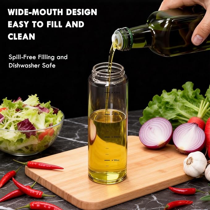 Leakproof Olive Oil Dispenser Bottle with No-Drip Spout - Shatterproof Borosilicate Glass with Dust Cover & Wide Mouth - Heat-Resistant 15oz Oil and Vinegar Cruet for Kitchen, Cooking, Salad Dressing