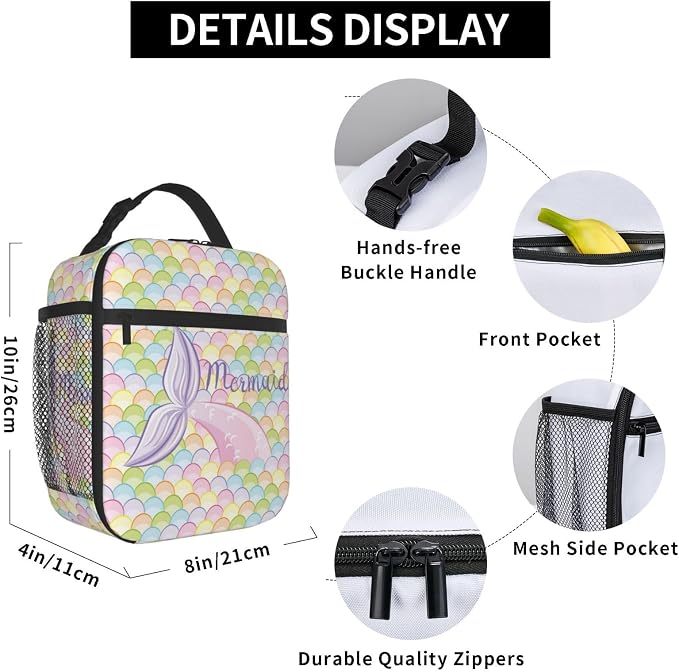 Mermaid Tail Colorful Galaxy Blue Insulated Lunch Bag Portable Reusable Zipper Lunch Box For Men Women Work Picnic Travel Camping