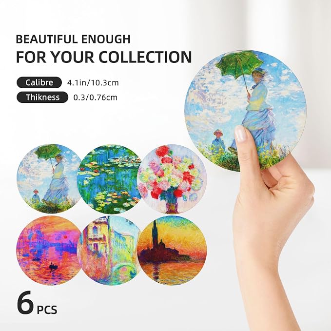 Monet Impression Sunrise Drinks Absorbent Coasters with Holder Set of 6, Coffee Table Decor, Ceramic Stone Coaster with Cork Base Tabletop Protection Mat for Mugs and Cups,Office,Kitchen