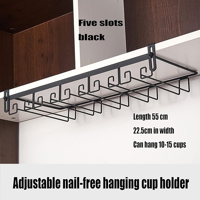 Hanging Wine Glass Rack Black Adjustable, Solid Iron Wine Glasses Hanger, Metal Under Cabinet Stemware Rack 3 Rows, 4 Rows, Convenient Storage And Space-saving