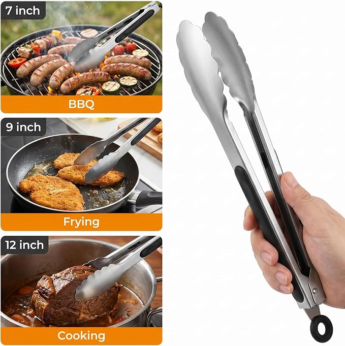 9 Pieces Stainless Steel Tongs, Kitchen Food Tongs 7 9 12 Inch | Heavy Duty Locking Tongs, Heat-Resistant Non-Slip Durable Metal Tongs for BBQ Cooking Grilling Outdoor Serving