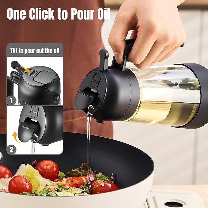 PARACITY Oil Dipenser Bottle with Silicone Bottom, 2 in 1 Olive Oil Sprayer and Dispenser, Oil Spray Bottle 470ML/ 16OZ for Cooking, Kitchen, BBQ, Air Fryer, Salad, Baking(1PC Black)