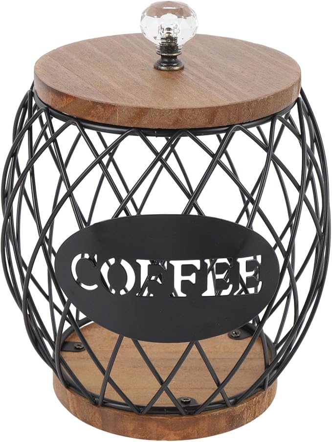 Large Capacity Coffee Capsule Organizer K Cup Storage Holder with Lid, Iron Wire Basket Wood Base for Kitchen Cafe Bar Coffee Bar Accessories BLACK