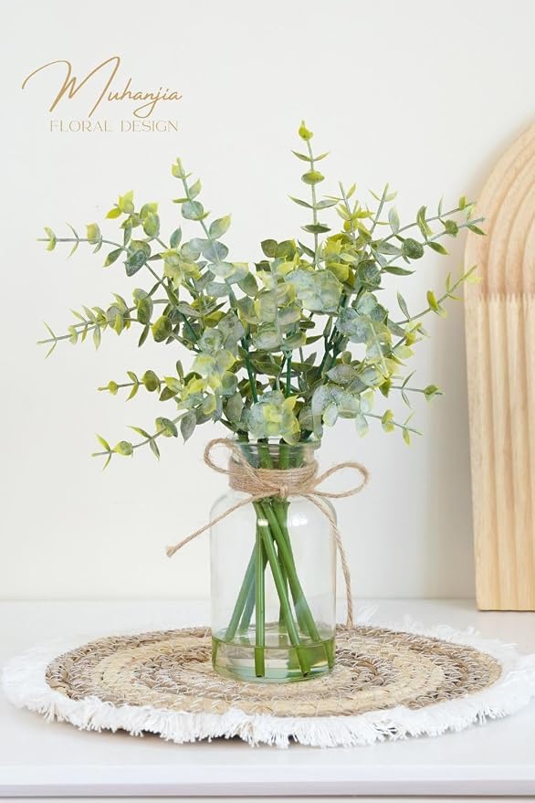 Muhanjia Artificial Eucalyptus Stems in Glass Vase with Faux Water,7Pcs Fake Plant for Centerpiece Bathroom Farmhouse Room Home Decor (Sage Green Eucalyptus)